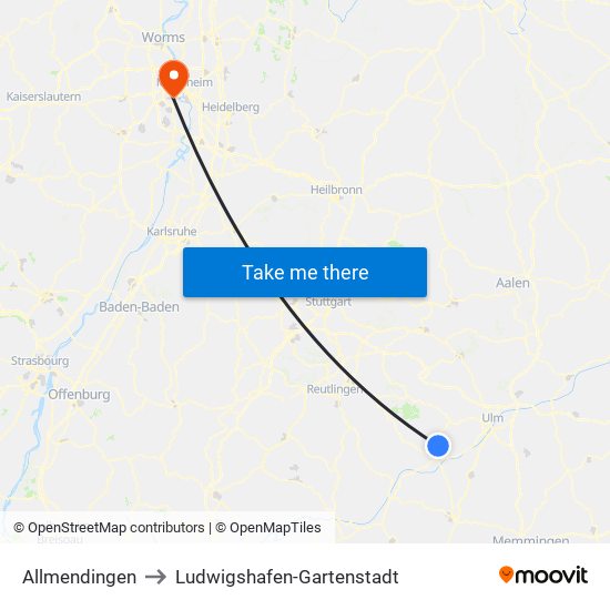 Allmendingen to Ludwigshafen-Gartenstadt map