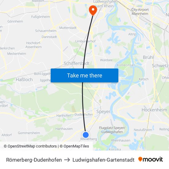 Römerberg-Dudenhofen to Ludwigshafen-Gartenstadt map