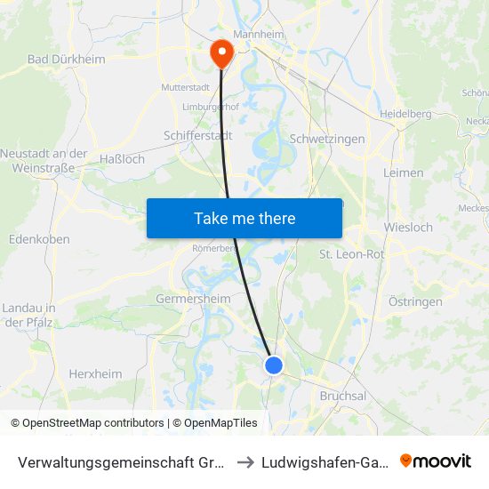 Verwaltungsgemeinschaft Graben-Neudorf to Ludwigshafen-Gartenstadt map