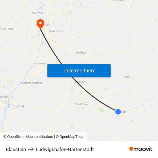 Blaustein to Ludwigshafen-Gartenstadt map