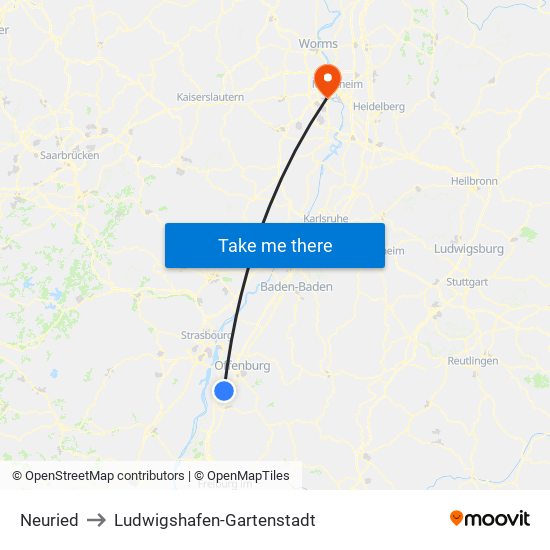 Neuried to Ludwigshafen-Gartenstadt map