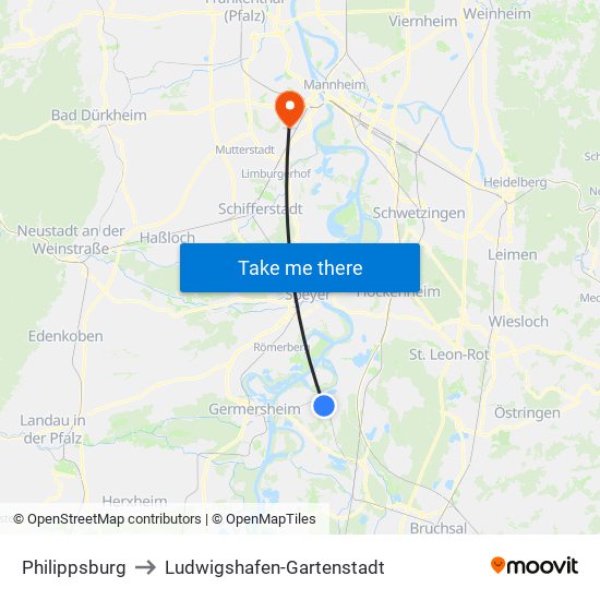 Philippsburg to Ludwigshafen-Gartenstadt map