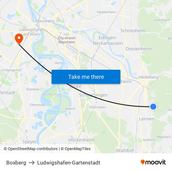 Boxberg to Ludwigshafen-Gartenstadt map