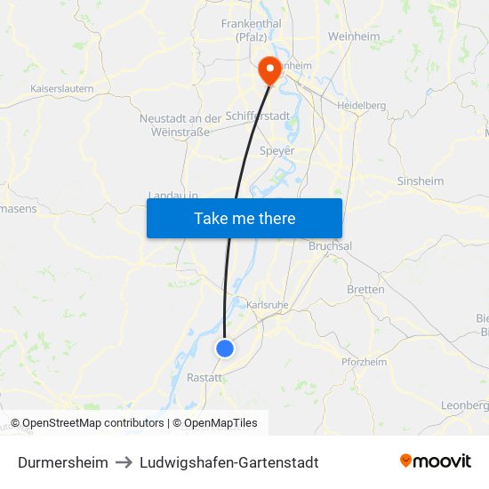 Durmersheim to Ludwigshafen-Gartenstadt map