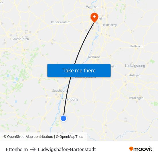 Ettenheim to Ludwigshafen-Gartenstadt map
