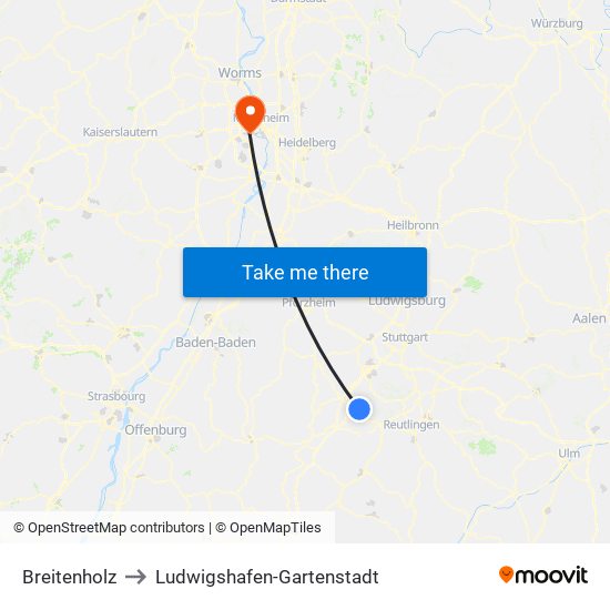 Breitenholz to Ludwigshafen-Gartenstadt map