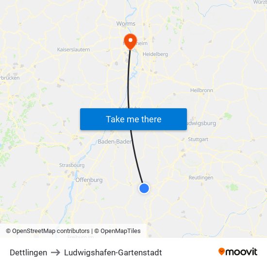 Dettlingen to Ludwigshafen-Gartenstadt map