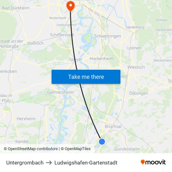 Untergrombach to Ludwigshafen-Gartenstadt map