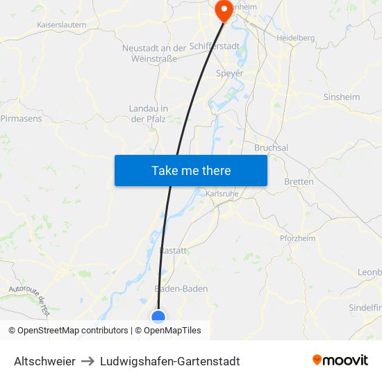 Altschweier to Ludwigshafen-Gartenstadt map