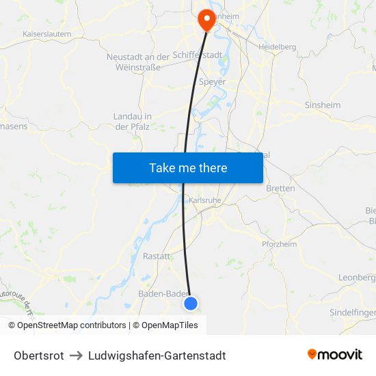 Obertsrot to Ludwigshafen-Gartenstadt map