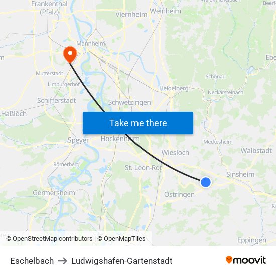 Eschelbach to Ludwigshafen-Gartenstadt map