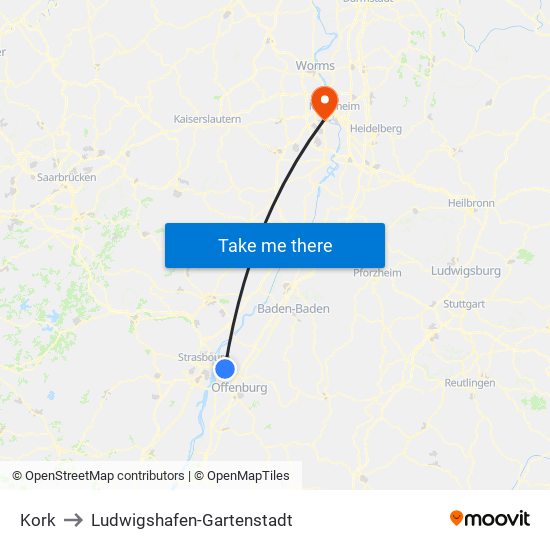 Kork to Ludwigshafen-Gartenstadt map