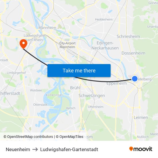 Neuenheim to Ludwigshafen-Gartenstadt map