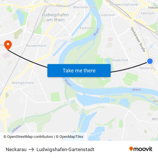 Neckarau to Ludwigshafen-Gartenstadt map