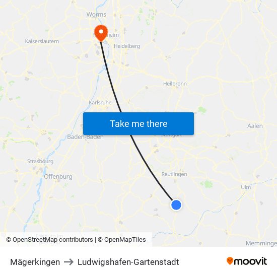 Mägerkingen to Ludwigshafen-Gartenstadt map