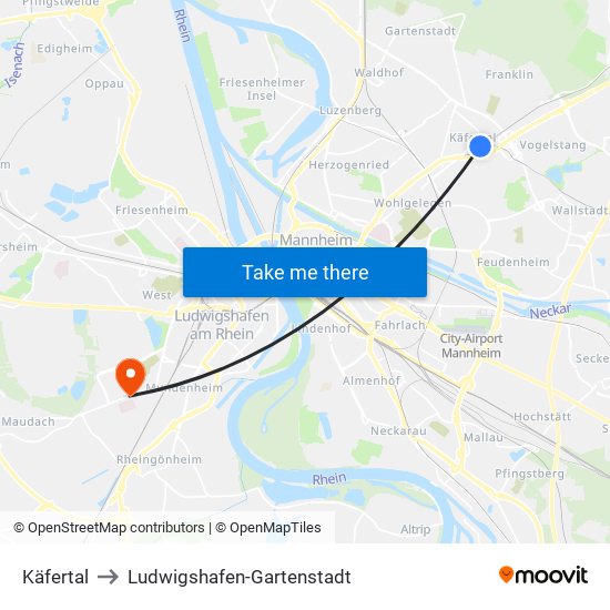 Käfertal to Ludwigshafen-Gartenstadt map