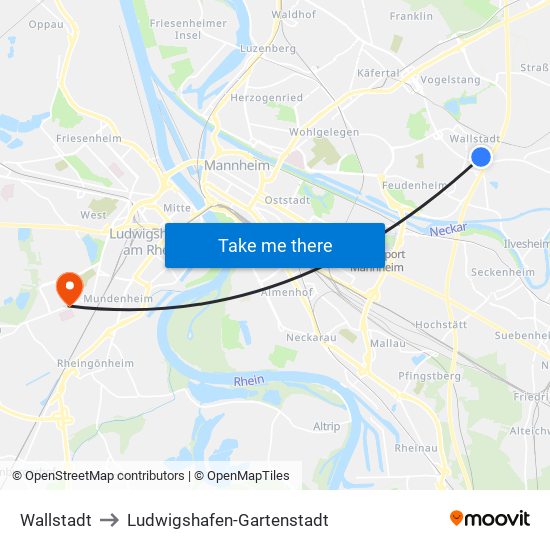 Wallstadt to Ludwigshafen-Gartenstadt map