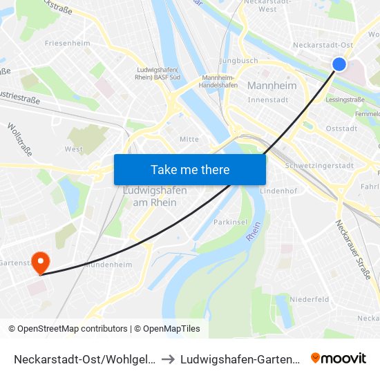 Neckarstadt-Ost/Wohlgelegen to Ludwigshafen-Gartenstadt map