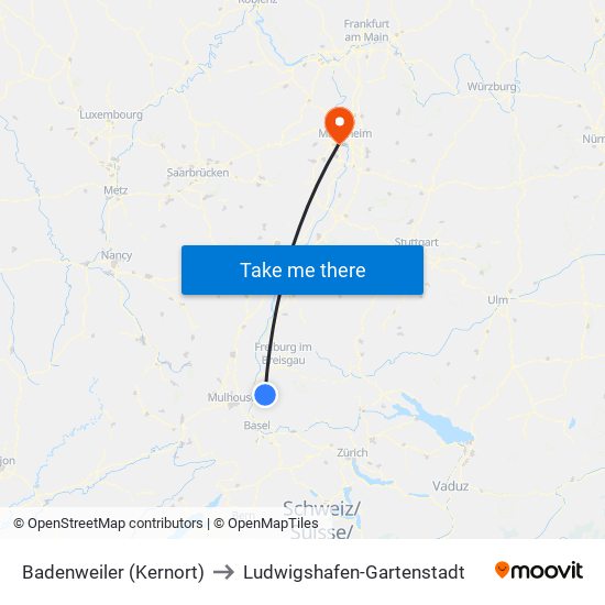 Badenweiler (Kernort) to Ludwigshafen-Gartenstadt map