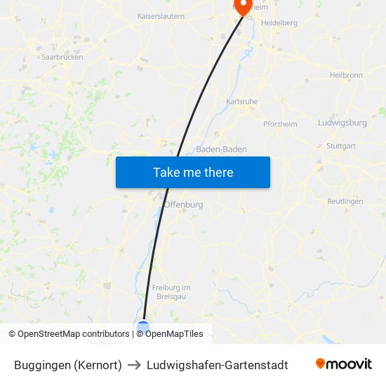 Buggingen (Kernort) to Ludwigshafen-Gartenstadt map