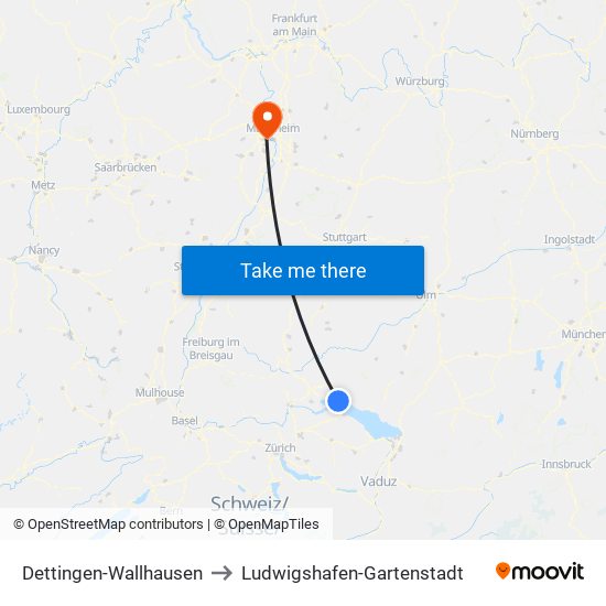 Dettingen-Wallhausen to Ludwigshafen-Gartenstadt map