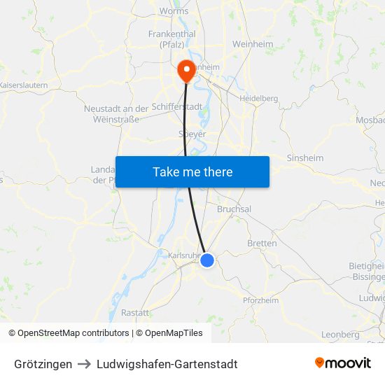 Grötzingen to Ludwigshafen-Gartenstadt map