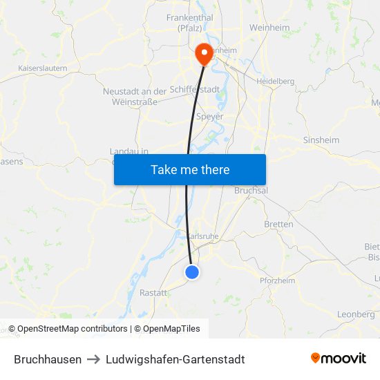 Bruchhausen to Ludwigshafen-Gartenstadt map