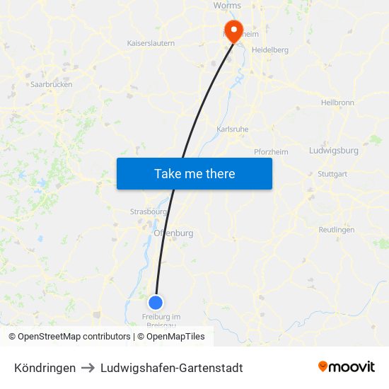 Köndringen to Ludwigshafen-Gartenstadt map