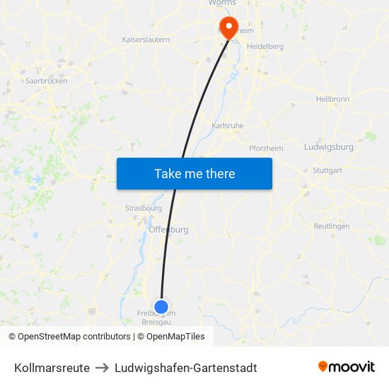 Kollmarsreute to Ludwigshafen-Gartenstadt map