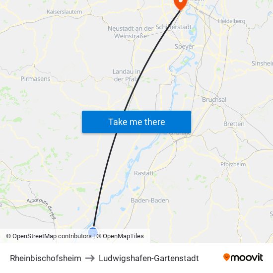 Rheinbischofsheim to Ludwigshafen-Gartenstadt map