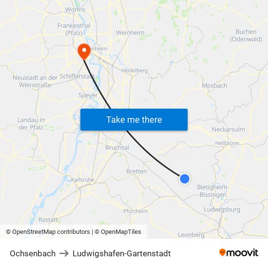 Ochsenbach to Ludwigshafen-Gartenstadt map