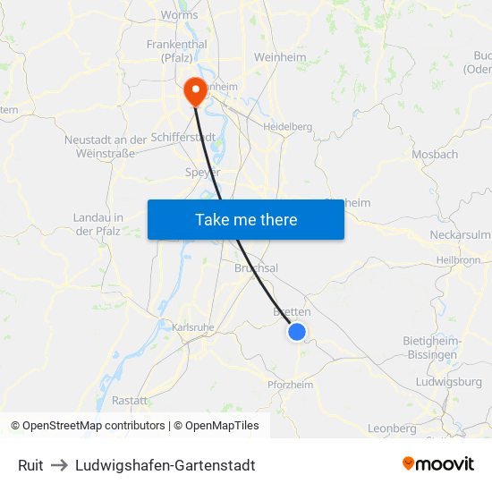 Ruit to Ludwigshafen-Gartenstadt map