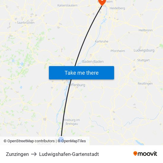 Zunzingen to Ludwigshafen-Gartenstadt map