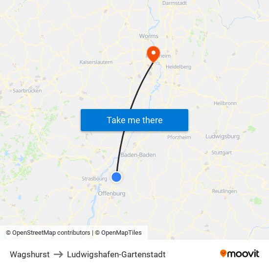 Wagshurst to Ludwigshafen-Gartenstadt map