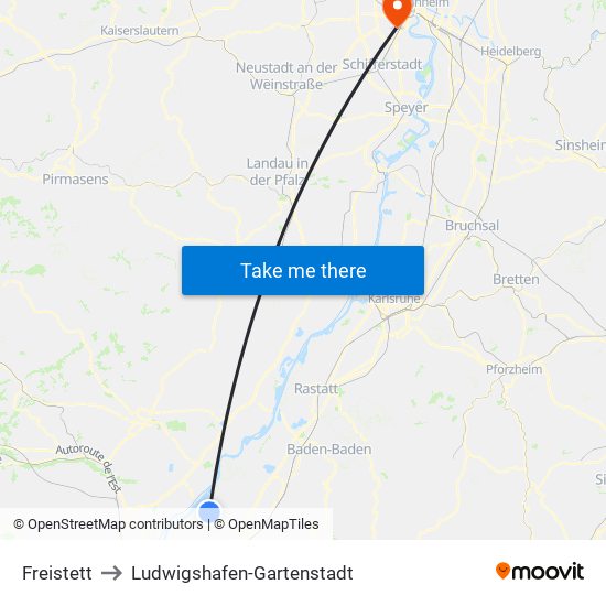 Freistett to Ludwigshafen-Gartenstadt map
