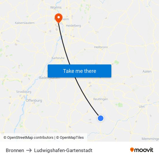 Bronnen to Ludwigshafen-Gartenstadt map
