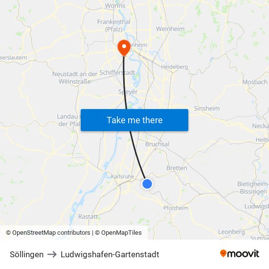 Söllingen to Ludwigshafen-Gartenstadt map