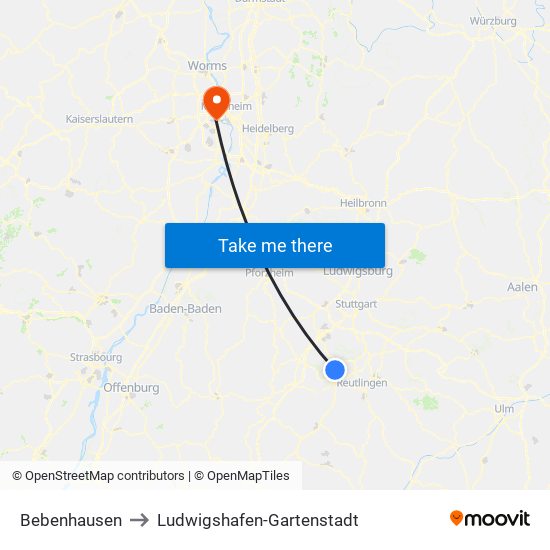 Bebenhausen to Ludwigshafen-Gartenstadt map