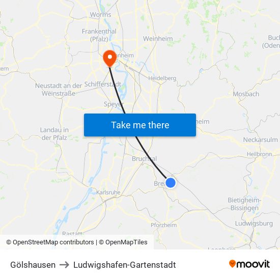 Gölshausen to Ludwigshafen-Gartenstadt map