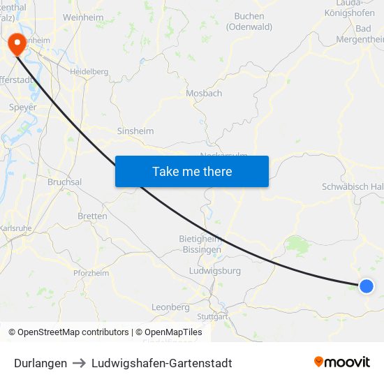 Durlangen to Ludwigshafen-Gartenstadt map