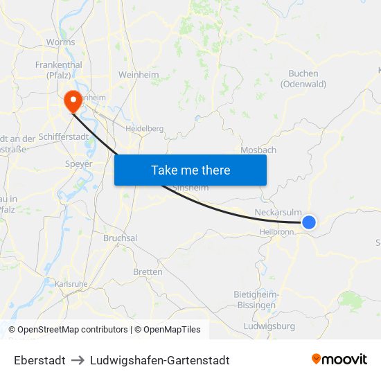 Eberstadt to Ludwigshafen-Gartenstadt map