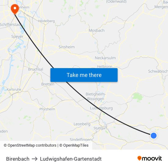 Birenbach to Ludwigshafen-Gartenstadt map