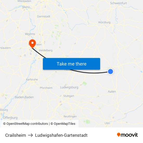 Crailsheim to Ludwigshafen-Gartenstadt map