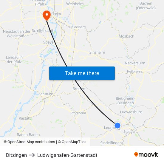 Ditzingen to Ludwigshafen-Gartenstadt map