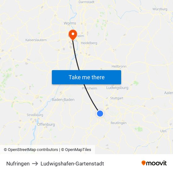 Nufringen to Ludwigshafen-Gartenstadt map