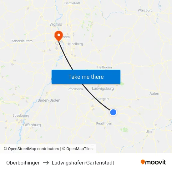 Oberboihingen to Ludwigshafen-Gartenstadt map