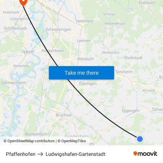 Pfaffenhofen to Ludwigshafen-Gartenstadt map