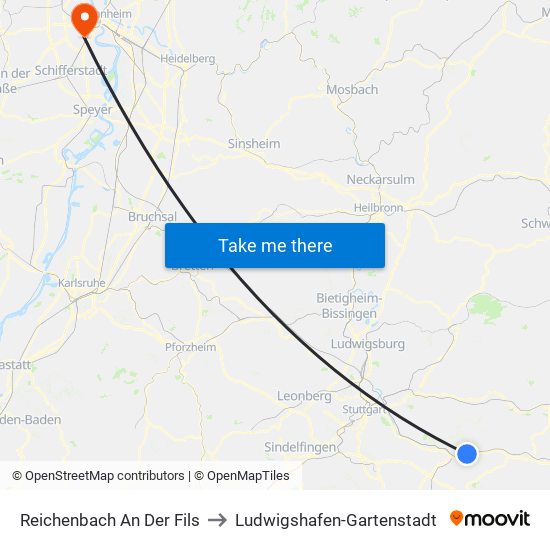 Reichenbach An Der Fils to Ludwigshafen-Gartenstadt map