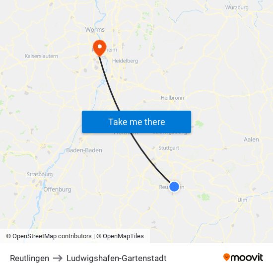 Reutlingen to Ludwigshafen-Gartenstadt map