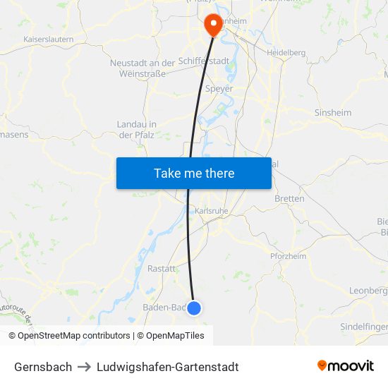 Gernsbach to Ludwigshafen-Gartenstadt map